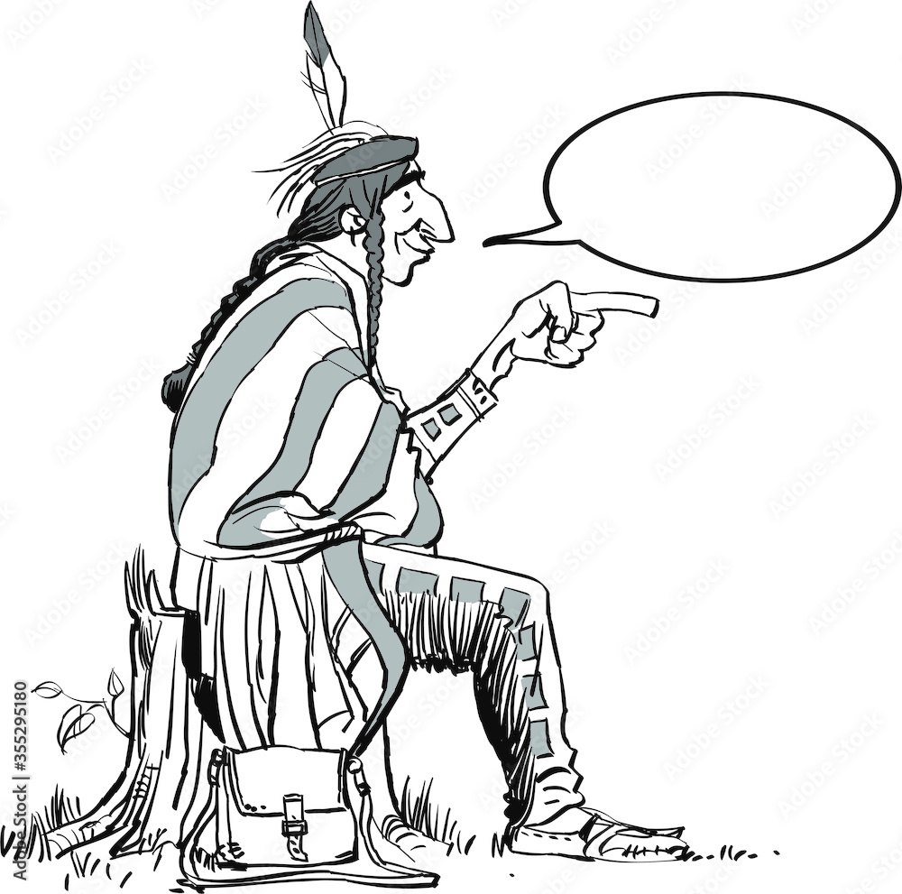Fototapeta premium Hand drawn, native american sitting. Comic Indian man pointing a finger
