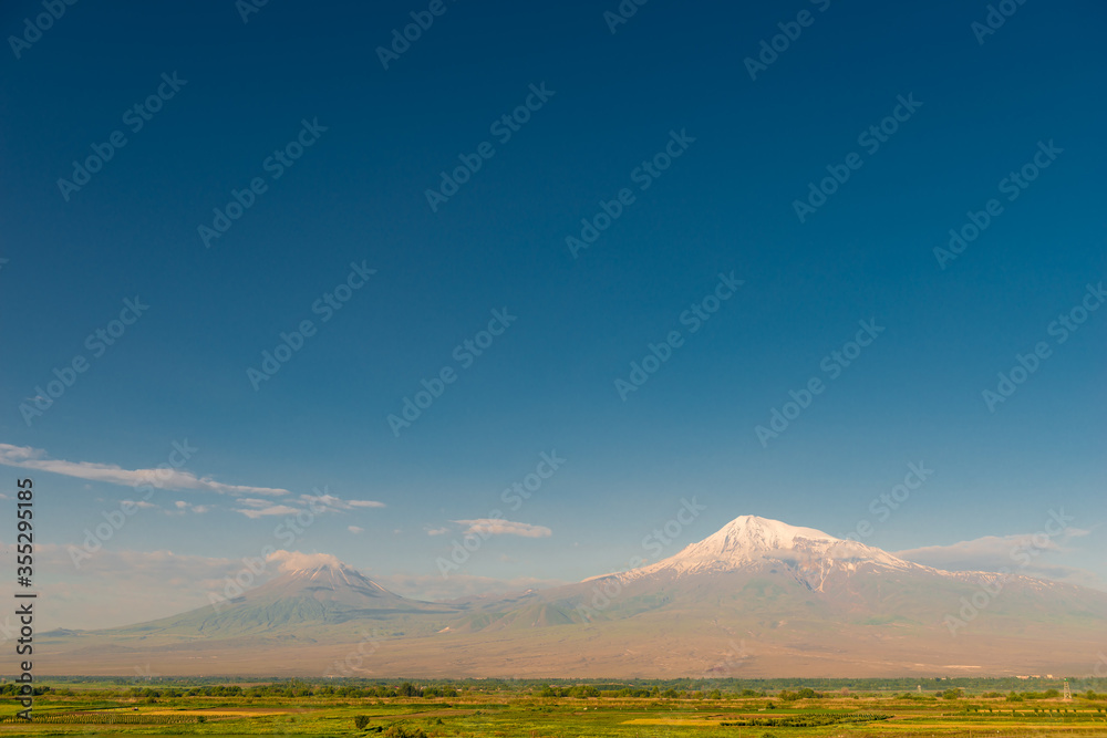 Snowy peak of Great Ararat and the monastery of Khor Virap