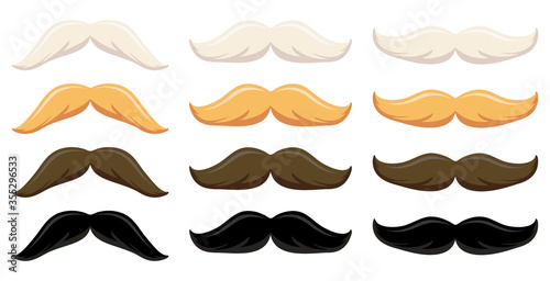 Vector collection of mustache in various colors isolated on white background.