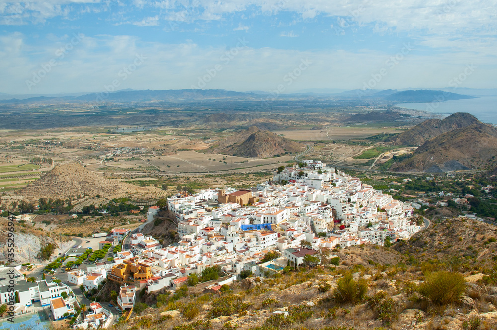 Wide panoramic view of the bird of Mojacar, Spain and its surroundings with the Mediterranean sea in the background
