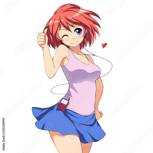 Cute girl listening to music and showing thumb up