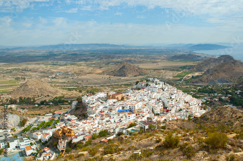 Wide panoramic view of the bird of Mojacar, Spain and its surroundings with the Mediterranean sea in the background © gerardo