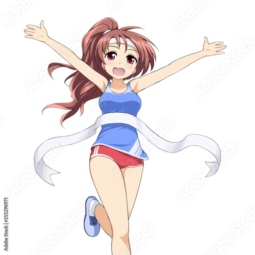 Anime cute girl crossing finish line