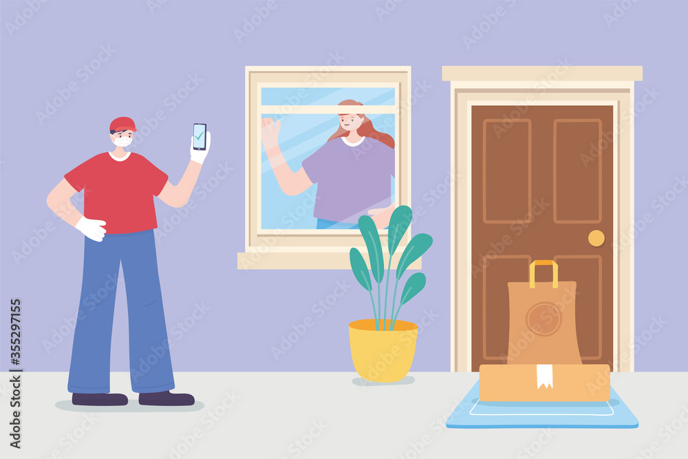 online delivery service, masked courier and smartphone and woman in home, fast and free transport, coronavirus covid 19 online delivery service, masked courier and smartphone and woman in home, fast and free transport, coronavirus covid 19