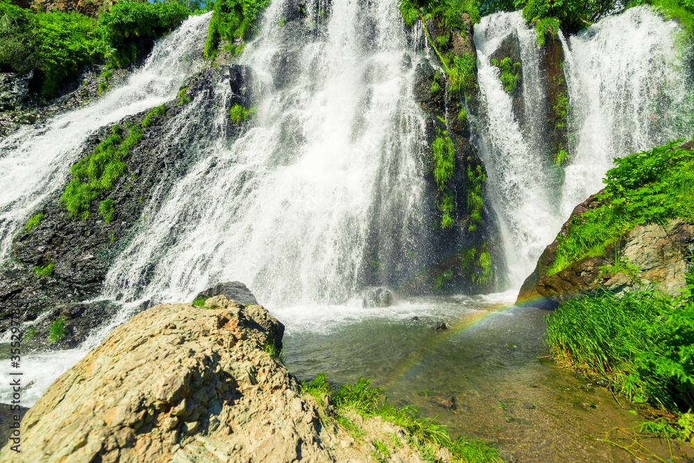 Noisy full flow Shaki waterfall, a landmark of Armenia