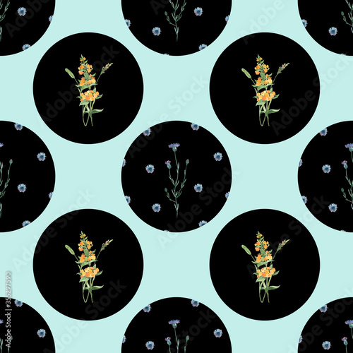 Pattern with hand painted field flowers on black background (circle and polyhedron) for package summer design or any other branding