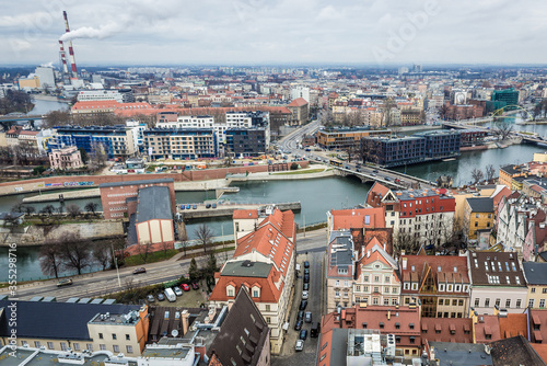 Buildings over Oder river seen from tower of St Elisabeth Church in historic part of Wroclaw, Poland