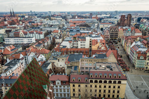 Aerial view from tower of St Elisabeth Basilica in historic part of Wroclaw, Poland