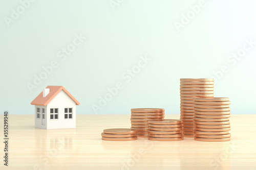 mortgage, investment, real estate and property concept - close up home model and Piles of gold coins 3d illustration