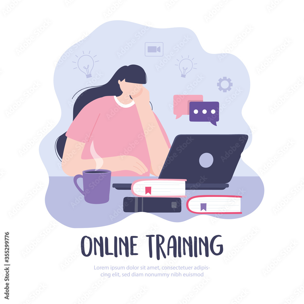 online training, girl with laptop platform web study, courses knowledge development using internet