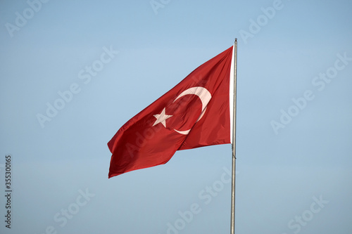 turkish republic flag waving in blue sky, turkish flag slow 