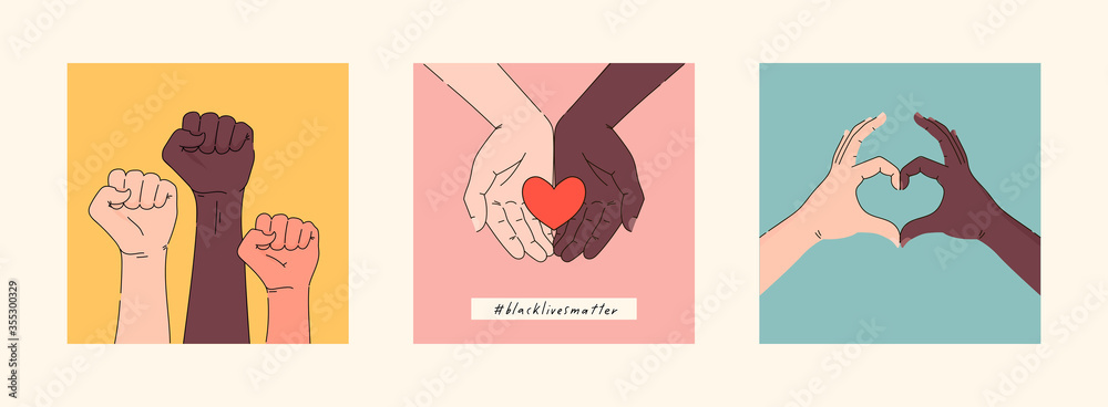 Black lives matter hand drawn poster, card collection. Hashtag blm stylised set. Black and white hands together concept. Campaign against racial discrimination of dark skin color. Vector Illustration.