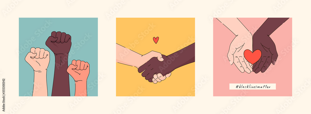 Black lives matter hand drawn poster, card collection. Hashtag blm stylised set. Black and white hands together concept. Campaign against racial discrimination of dark skin color. Vector Illustration.