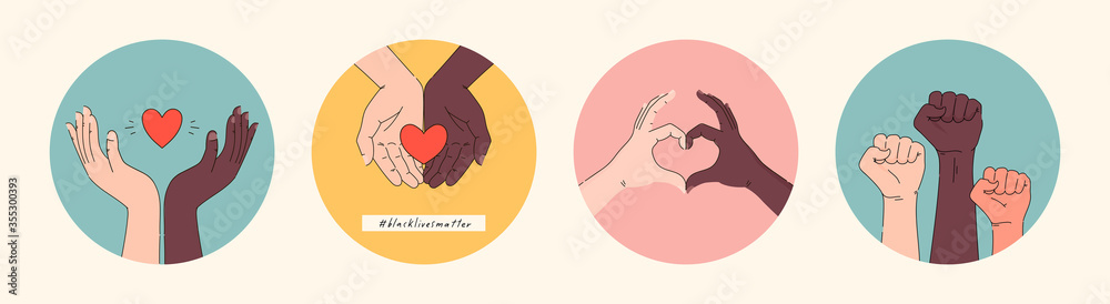 Black lives matter hand drawn poster, card collection. Hashtag blm stylised set. Black and white hands together concept. Campaign against racial discrimination of dark skin color. Vector Illustration. Black lives matter hand drawn poster, card collection. Hashtag blm stylised set. Black and white hands together concept. Campaign against racial discrimination of dark skin color. Vector Illustration.