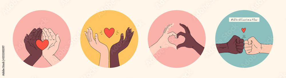 Black lives matter hand drawn poster, card collection. Hashtag blm stylised set. Black and white hands together concept. Campaign against racial discrimination of dark skin color. Vector Illustration. Black lives matter hand drawn poster, card collection. Hashtag blm stylised set. Black and white hands together concept. Campaign against racial discrimination of dark skin color. Vector Illustration.