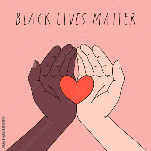 Black lives matter hand drawn poster, card collection. Hashtag blm stylised set. Black and white hands together concept. Campaign against racial discrimination of dark skin color. Vector Illustration.