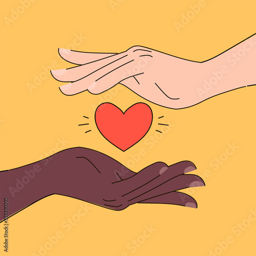 Black lives matter hand drawn poster, card collection. Hashtag blm stylised set. Black and white hands together concept. Campaign against racial discrimination of dark skin color. Vector Illustration.