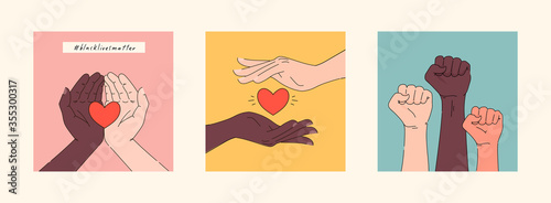 Black lives matter hand drawn poster, card collection. Hashtag blm stylised set. Black and white hands together concept. Campaign against racial discrimination of dark skin color. Vector Illustration.