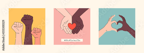 Black lives matter hand drawn poster, card collection. Hashtag blm stylised set. Black and white hands together concept. Campaign against racial discrimination of dark skin color. Vector Illustration.