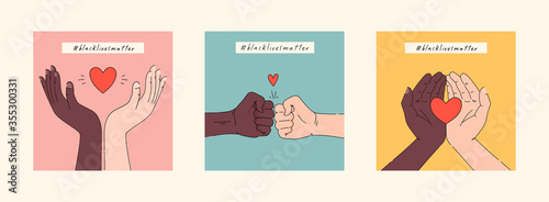 Black lives matter hand drawn poster, card collection. Hashtag blm stylised set. Black and white hands together concept. Campaign against racial discrimination of dark skin color. Vector Illustration.