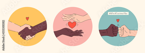 Black lives matter hand drawn poster, card collection. Hashtag blm stylised set. Black and white hands together concept. Campaign against racial discrimination of dark skin color. Vector Illustration.