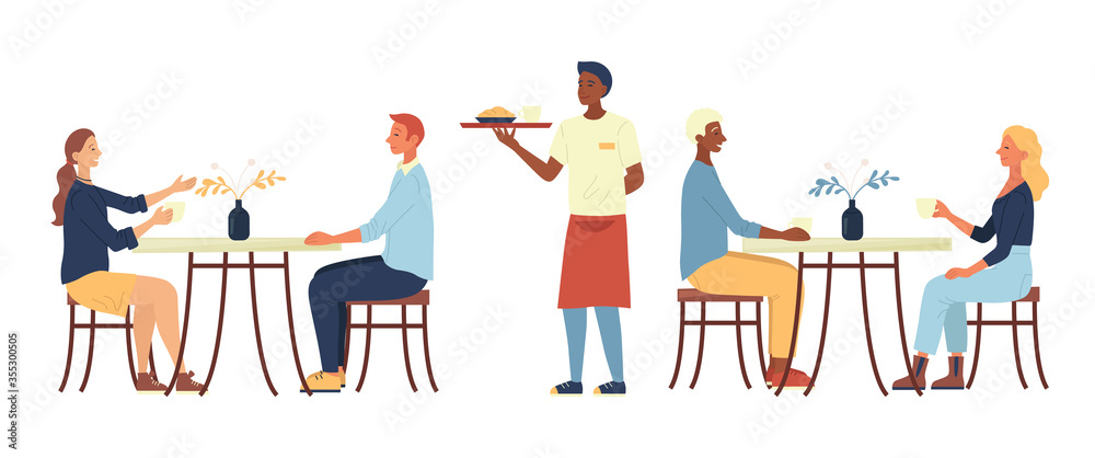Concept Of Lunchtime. People Are Sitting In Cozy Urban Cafe, Drink Coffee,  Eat Dinner. The Waiter Brings The Order. Characters Are Communicating And  Have A Good Time. Cartoon Flat Vector Illustration Stock