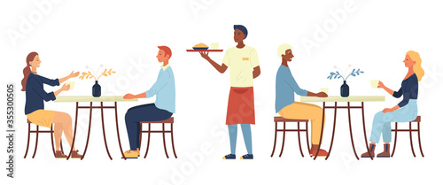 Concept Of Lunchtime. People Are Sitting In Cozy Urban Cafe, Drink Coffee, Eat Dinner. The Waiter Brings The Order. Characters Are Communicating And Have A Good Time. Cartoon Flat Vector Illustration