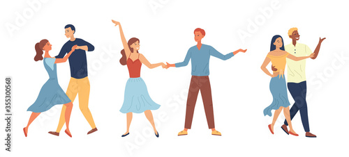 Dance School Or Competitions Concept. People Enjoying Of Spending Time Together. Male And Female Characters Have A Good Time Dancing Tango In Pair Together. Cartoon Flat Style. Vector Illustration