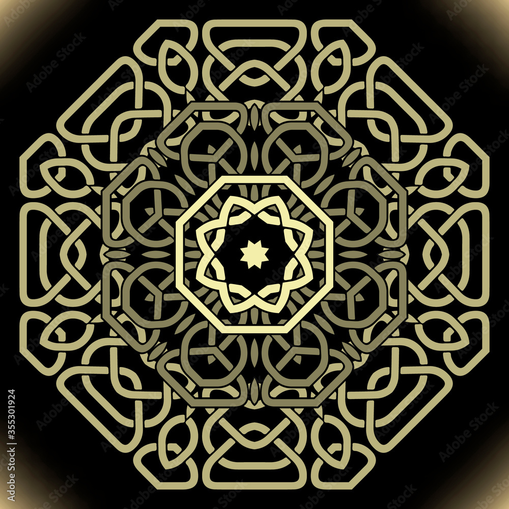 Gold celtic mandala pattern. Vector lines background. Repeat line art knotted arabic ornamets. Intricate tribal ethnic curved lines backdrop. Beautiful arabesque design with contours, knots, curves
