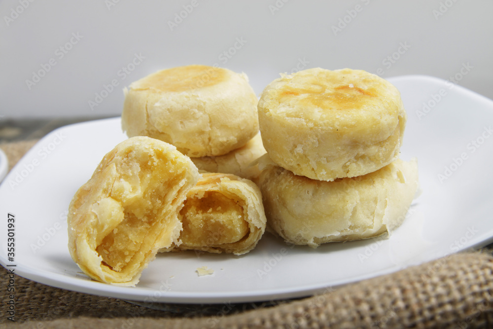 Bakpia, a typical sweet cake from Yogyakarta, Indonesia that made from mung beans Bakpia, a typical sweet cake from Yogyakarta, Indonesia that made from mung beans