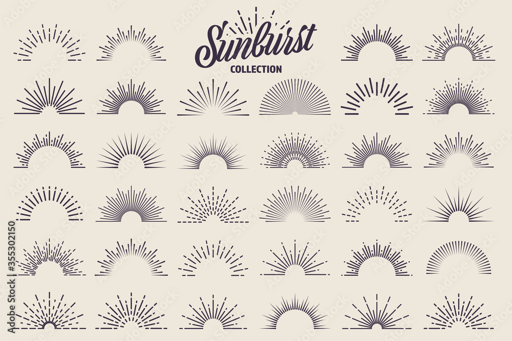Vintage sunburst collection. Bursting sun rays. Fireworks. Logotype or lettering design element. Radial sunset beams. Vector illustration.