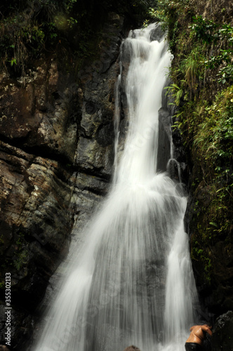 Waterfall in slow motion among greenery in El Yunque National Forest in Puerto Rico.