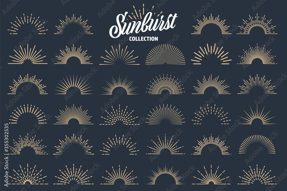 Vintage sunburst collection. Bursting sun rays. Fireworks. Logotype or lettering design element. Radial sunset beams. Vector illustration.