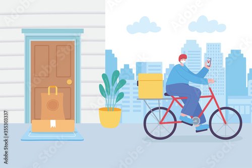 online delivery service, masked courier and smartphone in bike, cardboard boxes in door home, fast and free transport, coronavirus covid 19