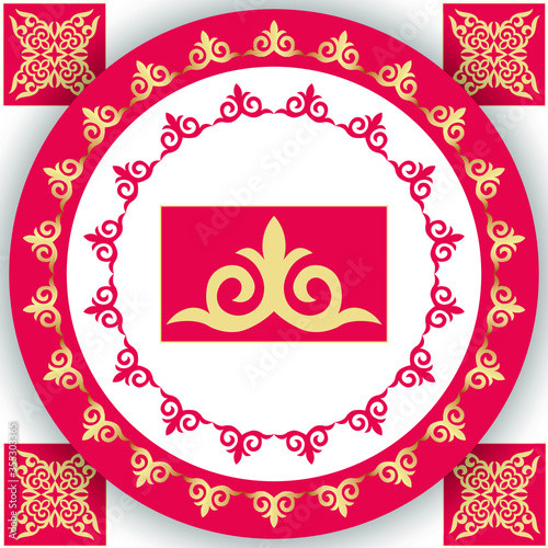 Set of 2 round frame and 2 vector ornamental elements with motifs of Kazakh, Kyrgyz, Asian decor for borders, textile, plate, tile, and print design. Workpiece for your design. Oriental gold  Pattern
