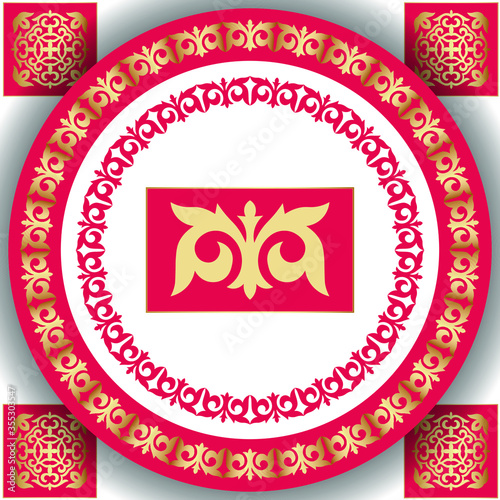 Set of 2 round frame and 2 vector ornamental elements with motifs of Kazakh, Kyrgyz, Asian decor for borders, textile, plate, tile, and print design. Workpiece for your design. Oriental gold  Pattern