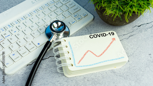 CORONA VIRUS COVID-19 graph words on notebook with stethoscope on computer keyboard