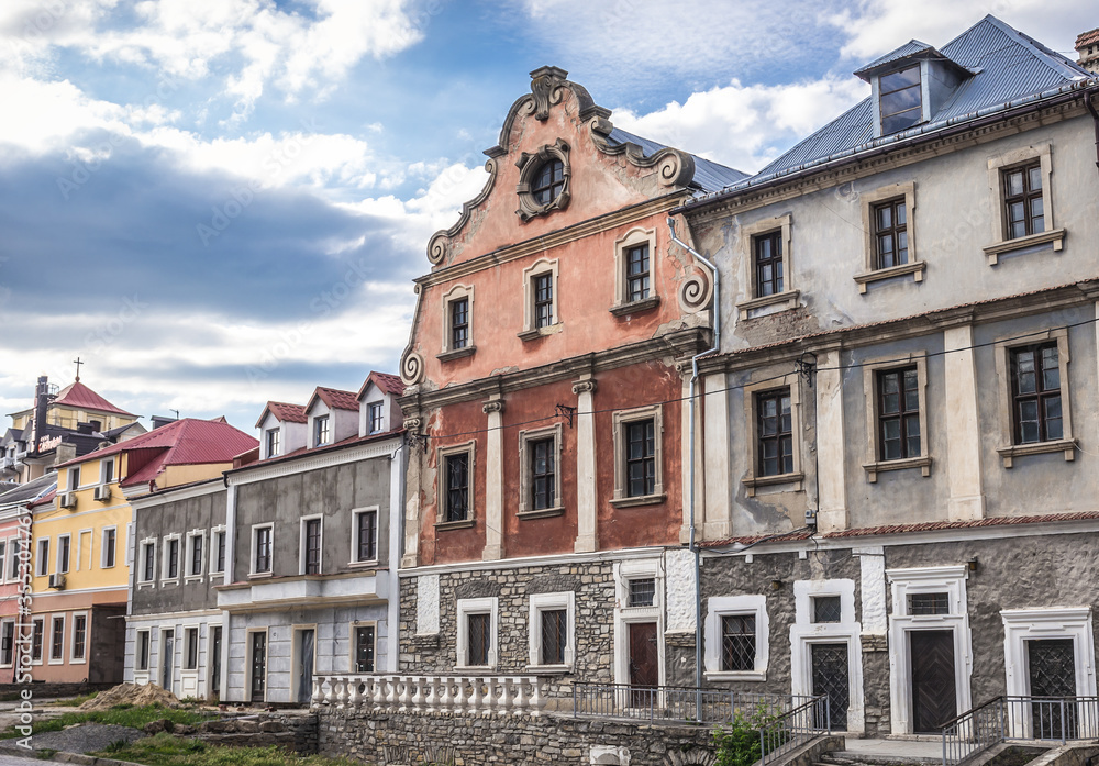 Old residential buildings near main square of historic part of Kamianets Podilskyi city, Ukraine