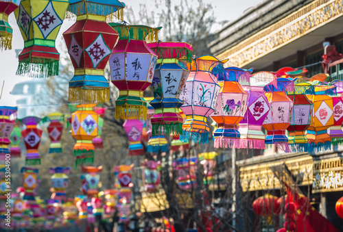 Decorations after New Year celebration in Liulichang hutong, famous shopping area near Qianmen Street in Beijing city, China