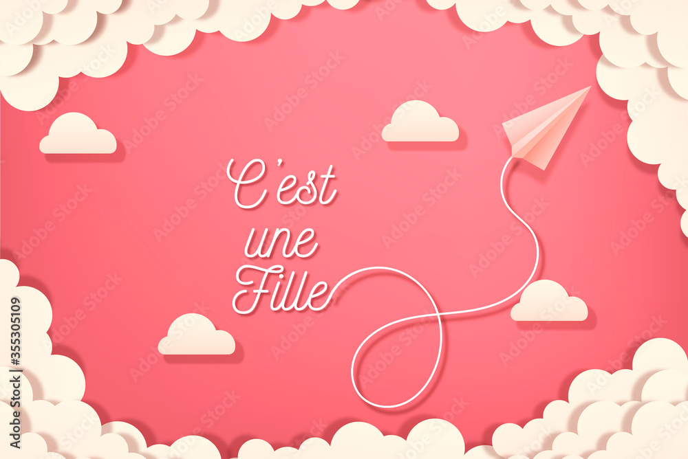 carte ou bandeau c'est une fille en blanc avec des nuages écru tout autour sur un fond rose Pantone 2019
