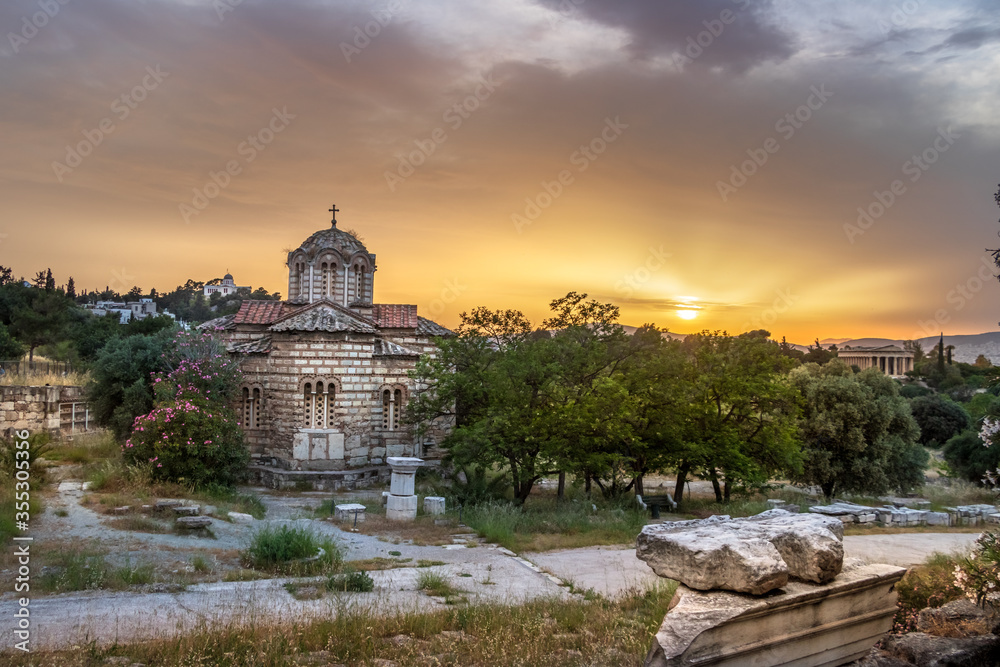 The church of the Holy Apostles of Solaki in the Ancient Agora of Athens at sunset, Greece.
