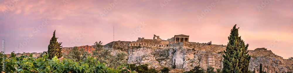 Panoramic view of the Facade of the Ancient Temple of Athina at the Acropolis in Athens, Greece.
