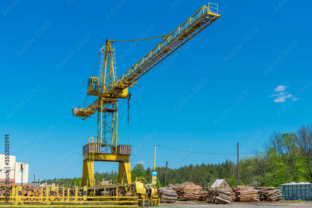 Large industrial crane over piles of freshly cut logs at the sawmill factory