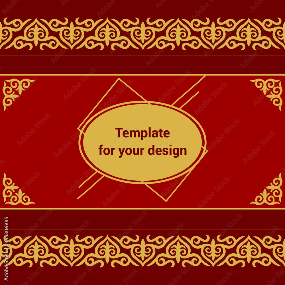 Template for your design with ornamental elements and motifs of Kazakh, Kyrgyz, Tatar national Asian decor for packing,  banner, flyer and print design. Workpiece for your design. 