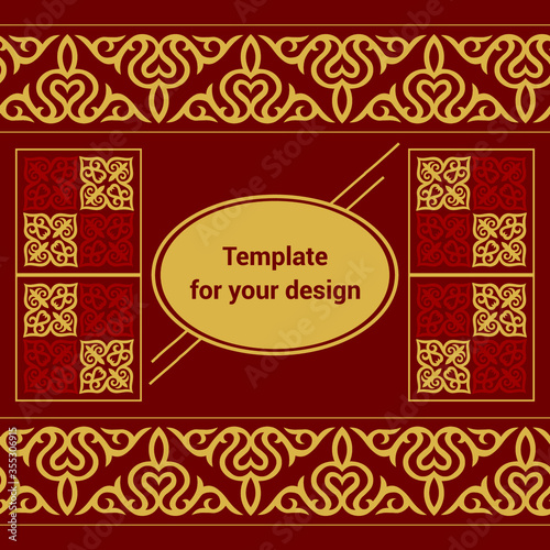 Template for your design with ornamental elements and motifs of Kazakh, Kyrgyz, Tatar national Asian decor for packing,  banner, flyer and print design. Workpiece for your design. 