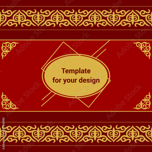 Template for your design with ornamental elements and motifs of Kazakh, Kyrgyz, Tatar national Asian decor for packing,  banner, flyer and print design. Workpiece for your design. 