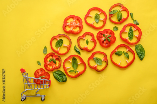 red pepper, basil, mushrooms on yellow
