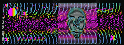 Artificial or machine intelligence concept. 3D silhouette of human head extruded from lines looking like graph of a function. Generative computer art.