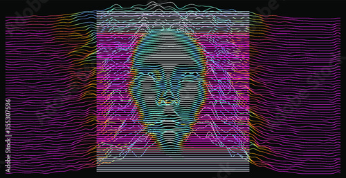 Artificial or machine intelligence concept. 3D silhouette of human head extruded from lines looking like graph of a function. Generative computer art.