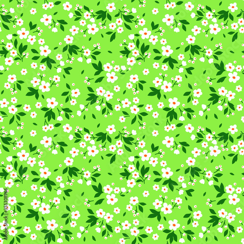 Vector seamless pattern. Pretty pattern in small flower. Small white flowers. Light green background. Ditsy floral background. The elegant the template for fashion prints.